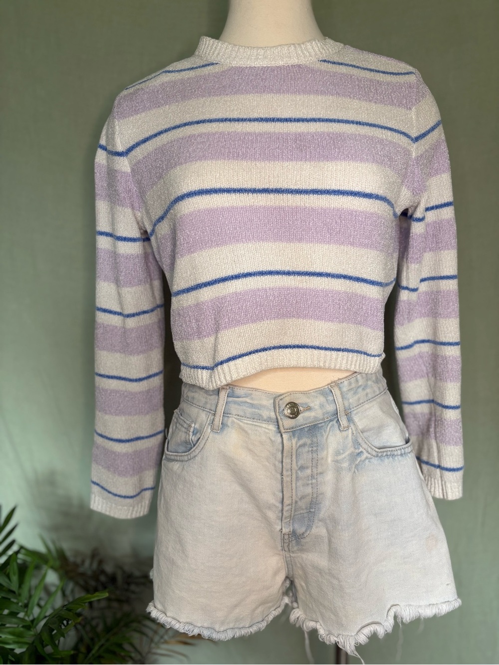 Lavender & White Striped Cropped Crew Neck Sweater